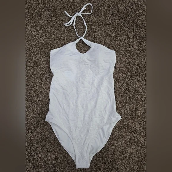 Aerie NWT Jacquard Halter One Piece Full Coverage Swimsuit White Size L Long - Picture 3 of 6